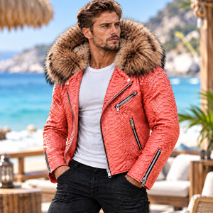 Men's Python Leather <b>Jacket</b> with Fox <b>Fur</b> <b>Hood</b> , Herren Lederjacken biker , Chaqueta Hombre Cuero Python , Veste Homme Cuir - Product Image 1