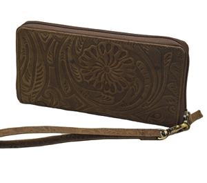 Cartera larga Retro Vintage para mujer, de cuero genuino, diseño personalizado, tarjetero RFID, flor en relieve, cremallera, poliéster, para niñas - Product Image 1