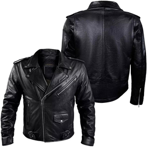 Men's Black Cowhide Leather Motorcycle Jacket Slim Fit Turn-down Collar Zipper Closure Regular Sleeve Autumn Wear - Product Image 1
