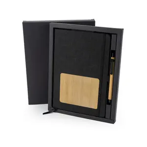 Ensemble de carnet en bambou RPET de style minimaliste avec stylo, couverture écologique, boîte coulissante en carton noir, type journal - Product Image 4