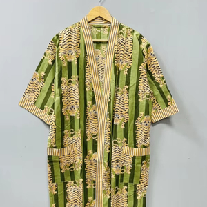 Bata Kimono Larga de Algodón Suave con Estampado de Tigre y Flores, Cuello en V, Cierre con Cordón, Estilo Indio, Lujo Clásico, Verano/Invierno - Product Image 1