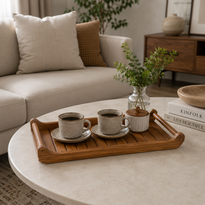 Plateau de service en bois de qualité supérieure avec poignées latérales surélevées |   Plateau rectangulaire à lattes pour servir le petit-déjeuner, utilisation à domicile, hôtel, restaurant - Product Image 2