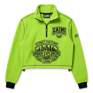 Veste polaire courte pour femme, 320 GSM, polaire polyester premium, fermeture éclair quart, vert fluo, impression sérigraphique personnalisée, broderie - Product Image 1