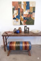 Banc de salle d'entrée/chambre en cuir fait main, écologique et moderne, avec pieds en bois rustique et assise rembourrée, style Pommel Horse