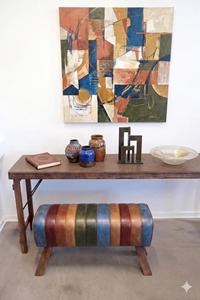 Premium Rare Patchwork Leather Pommel Horse Bench with Rustic Wooden Legs Upholstered Entryway <b>Bedroom</b> Seating <b>Stool</b> - Product Image 5