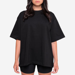 T-shirt noir surdimensionné pour femme, manches courtes, col rond, couleur unie, coupe ample, jersey en coton tricoté, toutes saisons - Product Image 4