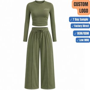 Conjunto de 2 Piezas para Mujer con Logotipo Personalizado OEM, Top Ajustado de Manga Larga y Pantalones Palazzo de Pierna Ancha, Fabricante Mayorista - Product Image 1