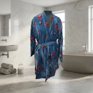 Robe en velours pour femmes, longue, imprimé floral, col en v, manches longues, douce et confortable, vêtements de nuit d'hiver, fermeture à cordon - Product Image 1