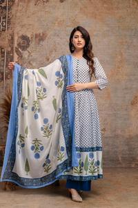 Premium <b>White</b> Blue 60x60 Cotton Anarkali <b>Suit</b> Set with Floral Print Kurta Matching Pants and Dupatta for <b>Women</b> Ethnic Wear - Product Image 2