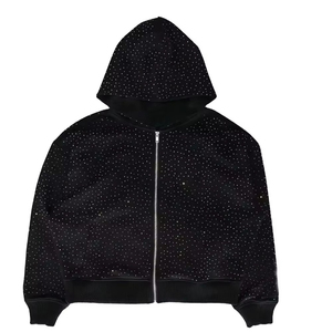 Sudadera con capucha para hombre OEM personalizada con cremallera, de felpa francesa, estilo streetwear, con efecto descolorido por el sol, lavado ácido, de peso pesado y con pedrería - Product Image 1