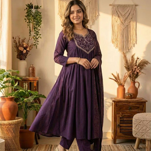 ชุดคุร์ตะผ้าไหมแชนเดรีแบบอานาร์กาลีสำหรับผู้หญิง พร้อมกางเกงและผ้าคลุมไหล่ - Product Image 1