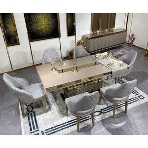 Ensemble de salle à manger moderne de luxe en teck massif noir et or, 6 chaises, table rectangulaire, mobilier contemporain pour villa, maison, cuisine - Product Image 1