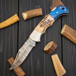 Custom Handmade Damascus Hunting <b>Knife</b> with Blue Wood & Stag <b>Bone</b> <b>Handle</b> | Fixed Blade Outdoor Camping Survival <b>Knife</b> - Product Image 1