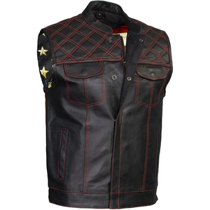 Samroz Sports <b>Men's</b> <b>Black</b> Premium Leather Motorcycle Rider <b>Vest</b>-Casual Breathable Winter Outerwear with Red Stitching - Product Image 1