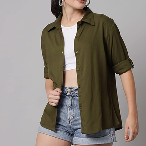 Nuevas Camisas Vaqueras Casuales de Alta Calidad para Mujer, Color Verde, Corte Holgado, Tallas Grandes, Camisas Vaqueras de Algodón, Estilo Creativo - Product Image 3