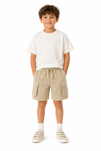 Shorts cargo décontractés pour garçons, vêtements d'été pour enfants, shorts en coton doux à taille élastique avec cordon de serrage, confortables, couleur beige - Product Image 3