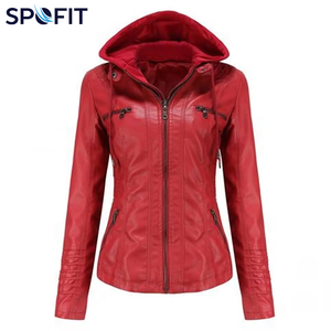 Blouson à capuche personnalisé pour femme, coupe ajustée décontractée, coupe-vent, fermeture éclair, en cuir PU avec capuche amovible, automne, OEM ODM - Product Image 6