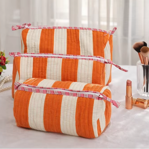 Orange White Stripe Block Printed Eco-Friendly Durable Cotton Zipper <b>Makeup</b> <b>Case</b> Indian Travel Cosmetic Organizer Kit - Product Image 1