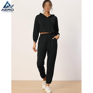Plain Black Color Long Sleeve Cropped Hoodie And Jogger <b>Sets</b>, Fitness Gym Wear Women Clothing Comfort Fit Outfits <b>Set</b> - Product Image 3