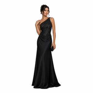 Robe longue élégante asymétrique en satin à sequins pour femme, col asymétrique, sans manches, respirante, noire unie, pour soirées - Product Image 1