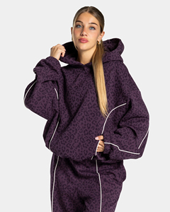 100% Cotton Burgundy Leopard Print <b>line</b> Piping contrast Women's oversized hoodie <b>pant</b> tracksuit set two piece women tracksuit - Product Image 3
