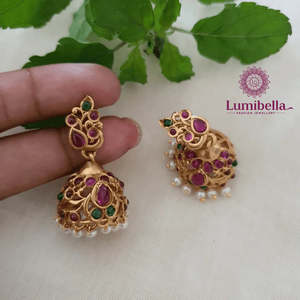 Matte Small Jhumki Earrings with Pearl and Diamond for Wedding Party - Product Image 1