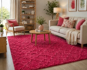 Tapis en laine rose foncé 15 mm, bouclé et à poils coupés, fait main |   Tapis moelleux en peluche |   Tapis de salon moderne |   Tapis épais et confortable |   Accueil - Product Image 4