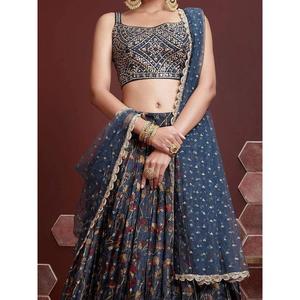 Exquisite Blue Digital Printed Chinon Silk Party Wear Lehenga Choli - Product Image 2
