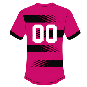 ชุดเสื้อและกางเกงรักบี้สีชมพูสดและสีดำ แขนสั้น คอกลม ลายทาง ชุดทีมแบบกำหนดเอง ระบายอากาศได้ดี เหมาะสำหรับการฝึกซ้อมและการเล่น - Product Image 4