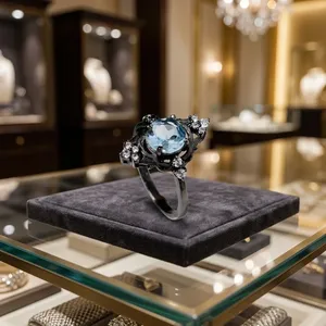 Anillo Vintage de Topacio Azul con Circonita Cúbica, Plata de Ley 925 con Baño de Rodio Negro, Anillo de Compromiso para Mujer - Product Image 5