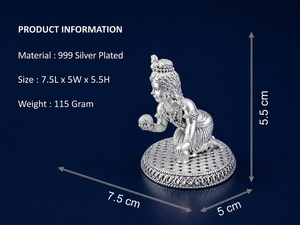 Figurine religieuse Laddu Gopal en argent 999, artisanat de Jaipur Metals |   Design traditionnel |   7,5x5x5,5 cm |   115g |   Décoration de temple à domicile - Product Image 3