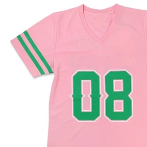 Camiseta de béisbol de manga corta con cuello en V rosa y verde para mujer, de la hermandad, que absorbe la humedad, de ajuste regular, con bloques de color sólido. - Product Image 6