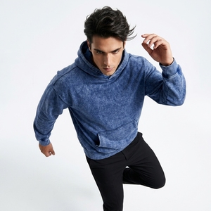 Hoodie unisexe oversize en polaire polyester/coton bleu uni délavé à l'acide, anti-boulochage, coupe régulière, longueur standard, coupe-vent, hiver - Product Image 5