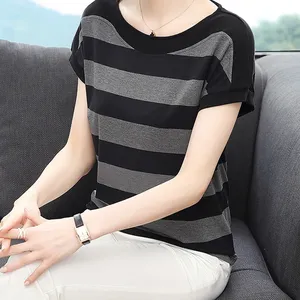 เสื้อยืดลายทางแขนสั้นผู้หญิงฤดูร้อนลำลองหลวมพอดีคอ O - Product Image 1