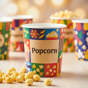 Emballage personnalisé en carton imprimé pour snacks avec impression couleur CMYK, fond robuste pour popcorn de soirée cinéma à emporter - Product Image 1