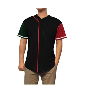 Maillot de baseball unisexe noir imprimé avec des blocs de couleurs rouge et vert, col en V, manches courtes, respirant, 100% polyester, vêtements de sport - Product Image 1