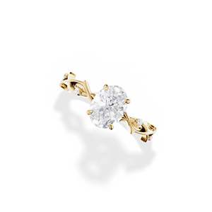 Anillo de compromiso de diamantes de corte ovalado para mujer, engaste de oro amarillo con estilo floral - Product Image 1