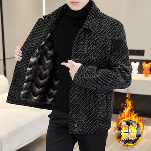 2022 Autumn <b>Winter</b> Striped Wool Blends Men's Plush <b>Thick</b> Casual Business Short Trench <b>Coat</b> - Product Image 2