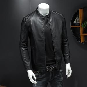 Chaqueta de Cuero Negra para Hombre, Estilo Café Racer, Corte Ajustado, Cuello Alto, Piel de Cordero Genuina, Prenda Exterior para Motociclistas, Ecológica y Transpirable - Product Image 3