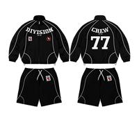 Ensemble de survêtement Division Crew noir à manches longues avec fermeture éclair sur le devant, streetwear pour hommes et enfants, respirant, 100% coton, écologique, uni