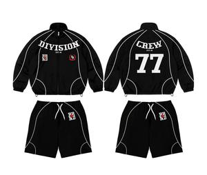 Conjunto Deportivo Division Crew Negro, Manga Larga, Cierre Frontal, Ropa Urbana para Hombre, Pantalones Cortos Transpirables de Poliéster con Logotipo Estampado - Product Image 1