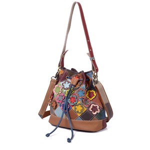 Sac Ando en cuir de vache véritable, sac seau à bandoulière pour femmes, patchwork floral, cordon de serrage, sangle réglable - Product Image 5