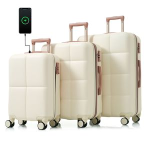 3 pezzi da 20 pollici con guscio rigido in ABS bianco Set bagaglio porta porta USB aereo certificato bagaglio a mano con supporto Spinner ruote - Product Image 1