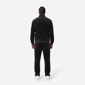 Pantalon droit unisexe en velours polyester noir avec taille élastique et broderie de bande latérale pour streetwear, étiquette personnalisée OEM - Product Image 2