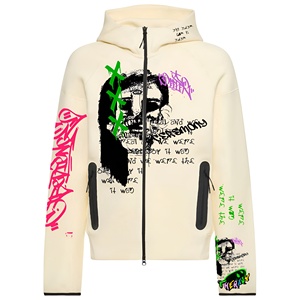 Sudadera con capucha beige con cremallera completa y arte de grafiti, gráficos llamativos y coloridos, estilo urbano moderno, tela con expresión, tendencia moderna, atractiva. - Product Image 3