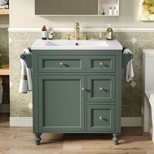Mobile bagno moderno da 30 pollici con lavabo singolo integrato e 2 cassetti contenitore - Product Image 3