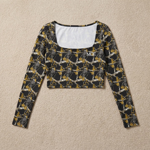 Custom Printed Crop Top Square Neck women's shirt Casual Blouse Full Sleeves Knitted Spandex Polyester All Seasons Trendy Wear - Product Image 3