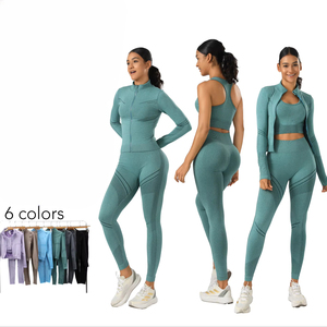 Conjunto de Yoga para Mujer, Color Sólido, Leggings de Cintura Alta, Top Corto, Chaqueta con Cierre de Cremallera de Cuarto, Sin Costuras, Elástico en Cuatro Direcciones, 2 Piezas - Product Image 5