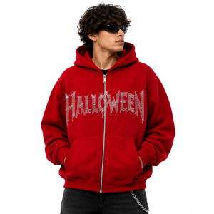 Sweat-shirt à capuche zippé rouge surdimensionné personnalisé pour homme avec logo en strass, style streetwear épais, décontracté, hip-hop - Product Image 1