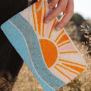 Handmade Rectangular <b>Beaded</b> Purse With Sun And Sky Pattern In Orange Blue And Pink - Product Image 1